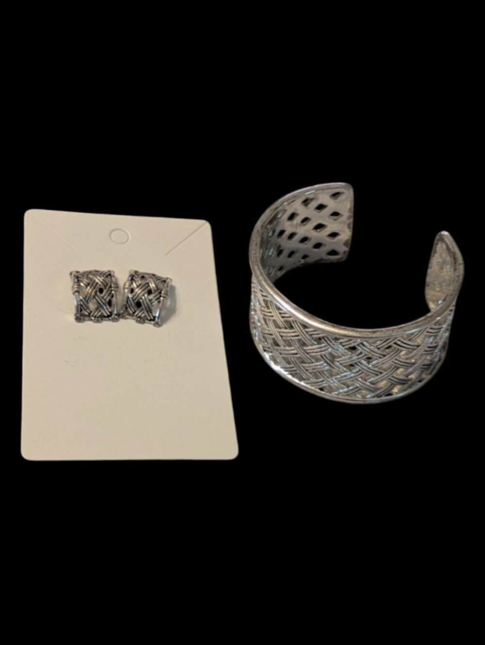 VTG Rare Lauren Ralph Lauren Silver Tone Woven Wide Cuff Bracelet & Earrings Set